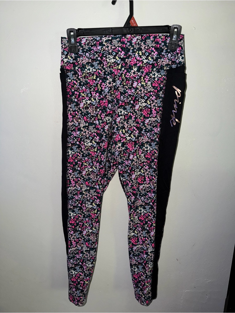 Victoria's Secret Black Floral Leggings with Pink Script